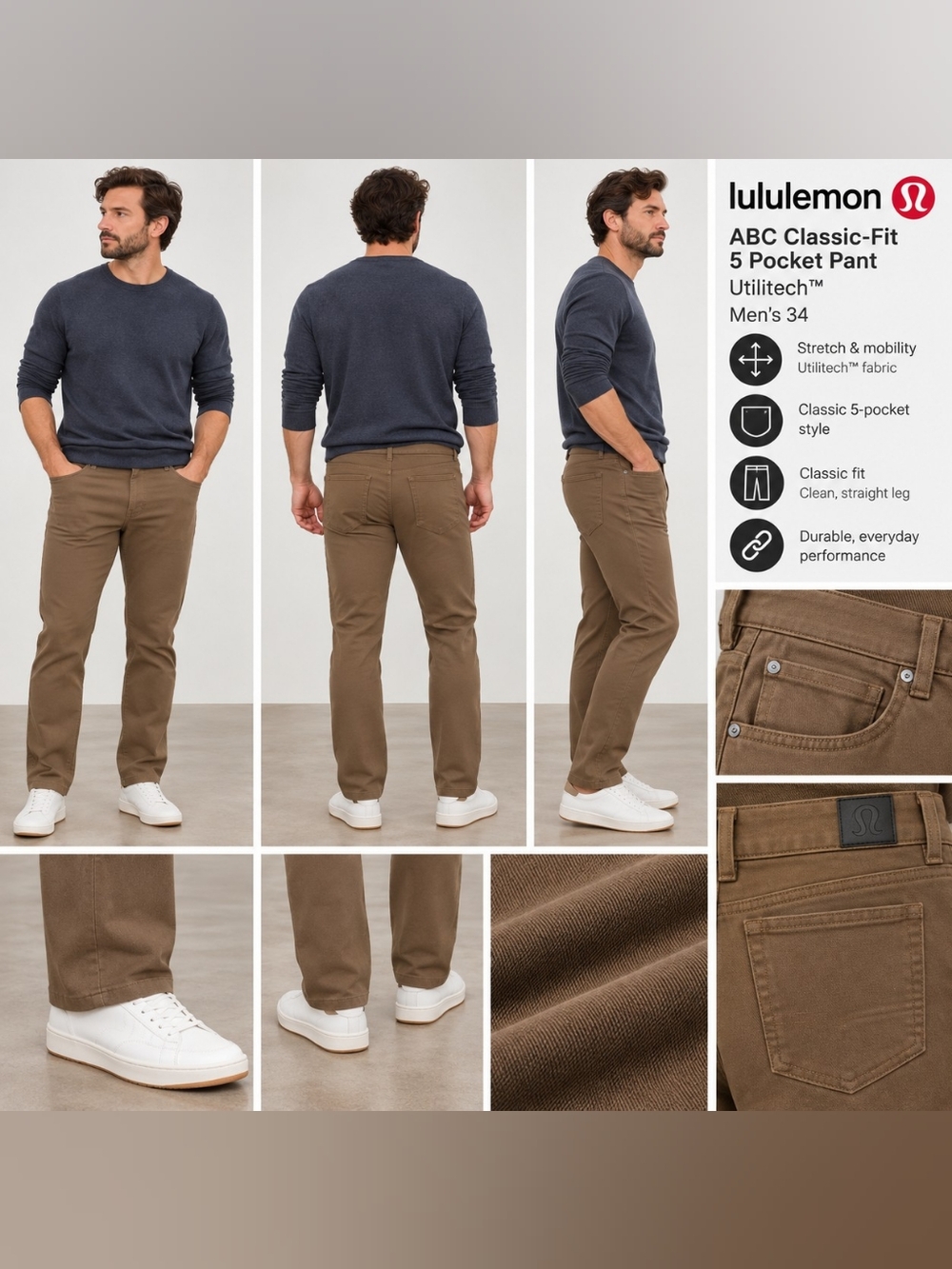Lululemon ABC Classic-Fit 5 Pocket Pant Utilitech Artifact Brown Men’s 34